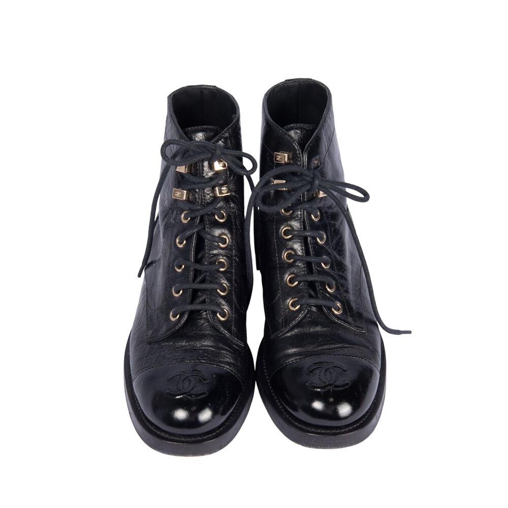 CHANEL Black Leather Lace Up CC Boots Size 37.5 - Picture 2 of 4